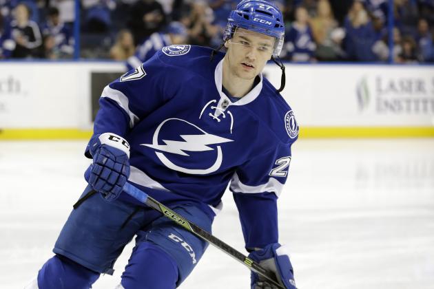 Tampa Bay Lightning left wing Jonathan Drouin before an NHL hockey game against the New York Rangers Wednesday, Dec. 30, 2015, in Tampa, Fla. (AP Photo/Chris O'Meara)