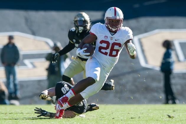 DENVER, CO - NOVEMBER 7:  Running back Barry Sanders #26 of the Stanford Cardinal rushes against the Colorado Buffaloes during a game at Folsom Field on November 7, 2015 in Boulder, Colorado.  (Photo by Dustin Bradford/Getty Images)