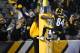 PITTSBURGH, PA - DECEMBER 6: Antonio Brown #84 of the Pittsburgh Steelers celebrates a fourth quarter touchdown by jumping on the goal post during the game against the Indianapolis Colts at Heinz Field on December 6, 2015 in Pittsburgh, Pennsylvania. (Photo by Joe Sargent/Getty Images)