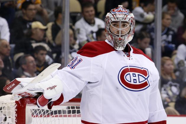 Montreal Canadiens goalie Carey Price (31) plays during an NHL hockey game against the Pittsburgh Penguins in Pittsburgh Tuesday, Oct. 13, 2015.(AP Photo/Gene J. Puskar