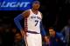 NEW YORK, NY - JANUARY 12: Carmelo Anthony #7 of the New York Knicks reacts after he is called for a foul in the first half against the Boston Celtics at Madison Square Garden on January 12, 2016 in New York City. NOTE TO USER: User expressly acknowledges and agrees that, by downloading and or using this photograph, User is consenting to the terms and conditions of the Getty Images License Agreement. (Photo by Elsa/Getty Images)
