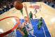 NEW YORK,NY - JANUARY 12: Kristaps Porzingis #6 of the New York Knicks goes up for the layup against the Boston Celtics at Madison Square Garden on January 12, 2016 in New York,New York NOTE TO USER: User expressly acknowledges and agrees that, by downloading and/or using this Photograph, user is consenting to the terms and conditions of the Getty Images License Agreement. Mandatory Copyright Notice: Copyright 2016 NBAE (Photo by Jesse D. Garrabrant/NBAE via Getty Images)