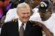 FILE - In this May 29, 2008 file photo, Los Angeles Lakers' Kobe Bryant gives basketball great Jerry West a shoulder rub after the Lakers beat the San Antonio Spurs in Game 5 of the NBA Western Conference basketball finals in Los Angeles. When asked about the latest honor in a long series of enshrinements and accolades since West hung up his sneakers in 1974, the longtime Los Angeles Lakers guard and executive seemed to be anticipating his trip to Kansas City to be inducted into the National Collegiate Basketball Hall of Fame with something between cautious excitement and outright dread. (AP Photo/Kevork Djansezian, File)