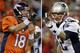 FILE - At left, in an Oct. 23, 2014, file photo, Denver Broncos quarterback Peyton Manning calls a play against the San Diego Chargers during an NFL football game in Denver. At right, in a Sept. 29, 2014, file photo, New England Patriots quarterback Tom Brady points on the line of scrimmage during an NFL football game against the Kansas City Chiefs in Kansas City, Mo. New England has little time to savor its fourth straight win, a 51-23 pounding of the Chicago Bears. Tom Brady versus Brock Osweiler just doesn't have the same Hall of Fame ring to it. Still, when Brady leads his undefeated Patriots into Denver on Sunday night, Nov. 29, 2015 the game will have plenty of significance. (AP Photo/File)