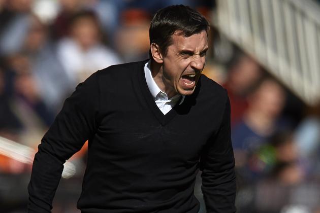 VALENCIA, SPAIN - JANUARY 17:  Gary Neville manager of Valencia CF reacts during the La Liga match between Valencia CF and Rayo Vallecano at Estadi de Mestalla on January 17, 2016 in Valencia, Spain.  (Photo by Manuel Queimadelos Alonso/Getty Images)