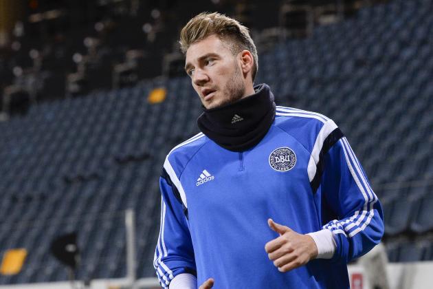 Denmark's national football team player forward Nicklas Bendtner warms up during a training session at the Friends Arena in Solna, near Stockholm on November 13, 2015 on the eve of the Euro 2016 playoff football match between Sweden and Denmark. AFP PHOTO / JONATHAN NACKSTRAND (Photo credit should read JONATHAN NACKSTRAND/AFP/Getty Images)