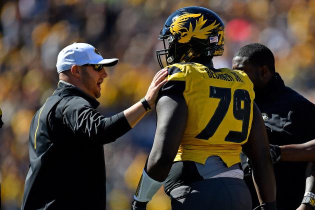 Oct 3, 2015; Columbia, MO, USA; Missouri Tigers defensive lineman Terry Beckner Jr. (79) reacts after being disqualified from the game for targeting against the South Carolina Gamecocks during the first half at Faurot Field. Mandatory Credit: Jasen Vinlove-USA TODAY Sports
