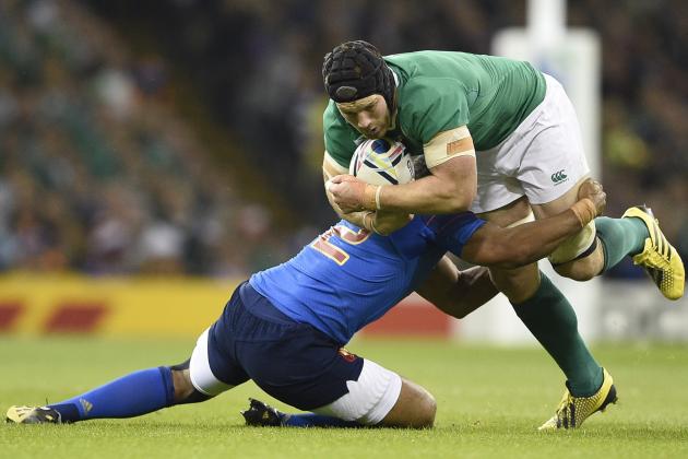 Ireland's flanker Sean O'Brien (R) is tackled by France's hooker Guilhem Guirado (L) during the Pool D match of the 2015 Rugby World Cup between France and Ireland at the Millennium Stadium in Cardiff, south Wales, on October 11, 2015. AFP PHOTO / DAMIEN MEYER

RESTRICTED TO EDITORIAL USE, NO USE IN LIVE MATCH TRACKING SERVICES, TO BE USED AS NON-SEQUENTIAL STILLS        (Photo credit should read DAMIEN MEYER/AFP/Getty Images)