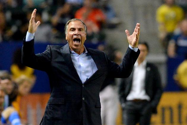 Sep 12, 2015; Carson, CA, USA;  Los Angeles Galaxy head coach Bruce Arena show frustration with officials in the second half of the game against the Montreal Impact at StubHub Center. The game ended in a tie. Mandatory Credit: Jayne Kamin-Oncea-USA TODAY Sports