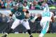 Nov 15, 2015; Philadelphia, PA, USA; Philadelphia Eagles tackle Lane Johnson (65) gets ready to block Miami Dolphins defensive end Olivier Vernon (50) during the second half at Lincoln Financial Field. Mandatory Credit: Jeffrey G. Pittenger-USA TODAY Sports