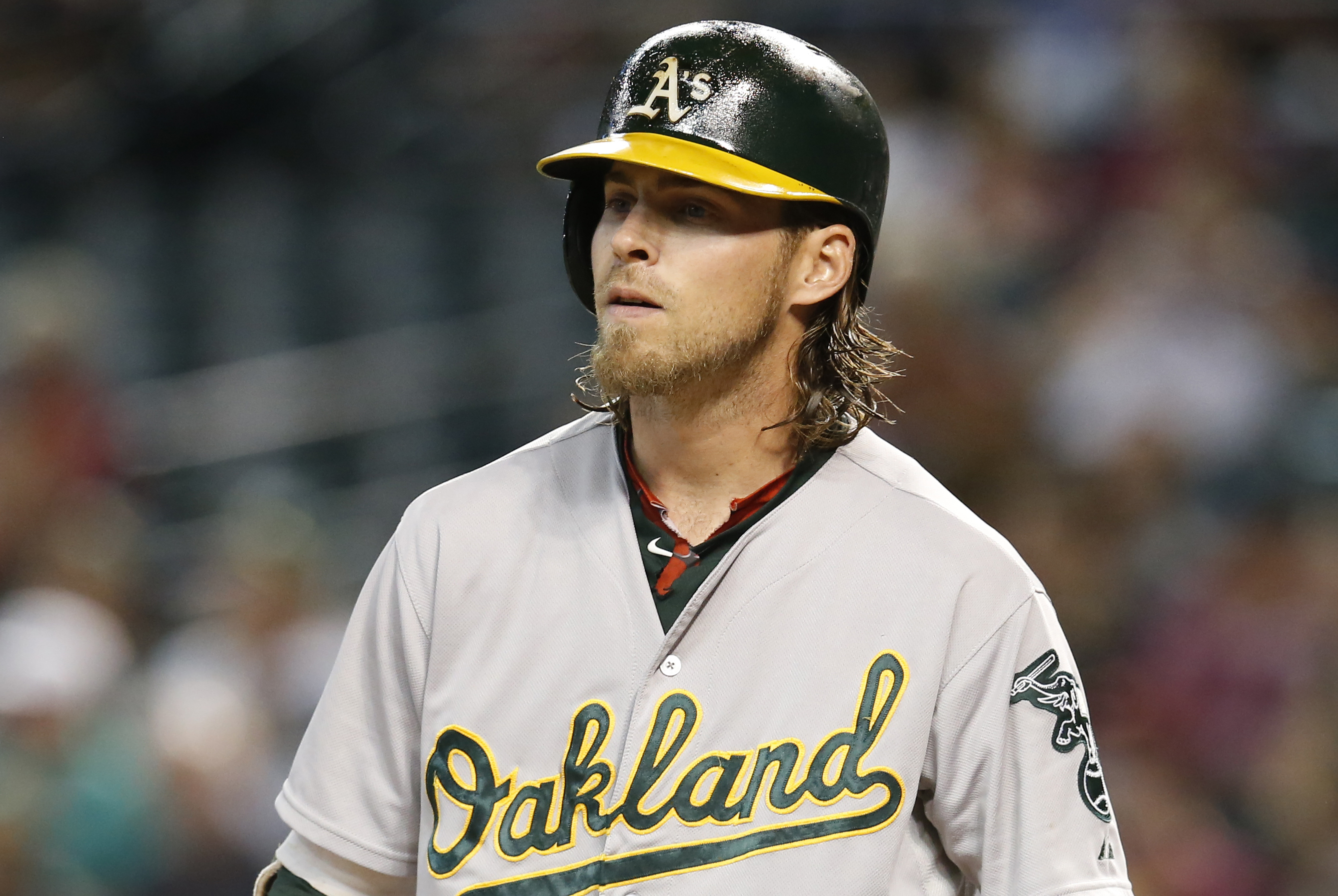 Oakland Athletics' Josh Reddick reacts after grounding out to