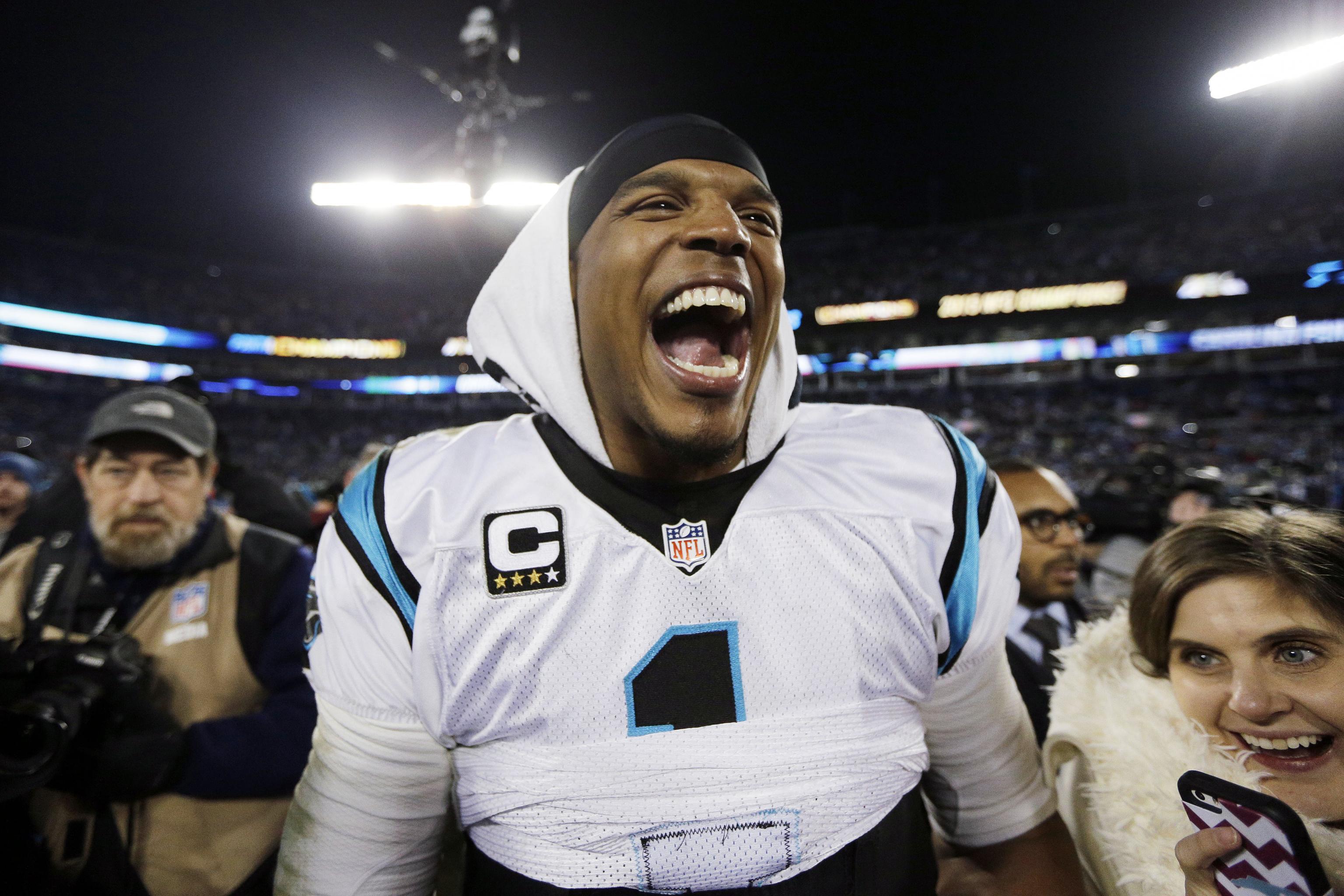 Panthers-Cam-Newton-SB50-Jersey-and-Locker-Room-NFC-Champions-Hat