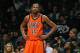 Oklahoma City Thunder forward Kevin Durant (35) reacts in the second half of an NBA basketball game against the Brooklyn Nets, Sunday, Jan. 24, 2016, in New York. Durant had 32 points but the Nets upset the Thunder 116-106. (AP Photo/Kathy Willens)