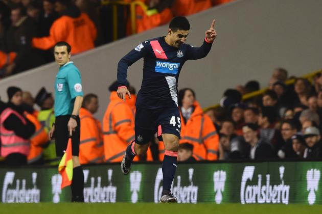 Newcastle United's Serbian striker Aleksandar Mitrovic (C) celebrates scoring their first goal to eqaulise 1-1 during the English Premier League football match between Tottenham Hotspur and Newcastle United at White Hart Lane in north London on December 13, 2015. AFP PHOTO / BEN STANSALL

RESTRICTED TO EDITORIAL USE. No use with unauthorized audio, video, data, fixture lists, club/league logos or 'live' services. Online in-match use limited to 75 images, no video emulation. No use in betting, games or single club/league/player publications. / AFP / BEN STANSALL        (Photo credit should read BEN STANSALL/AFP/Getty Images)