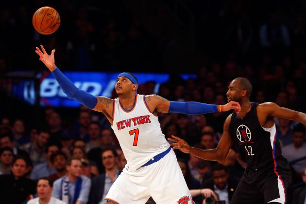 NEW YORK, NY - JANUARY 22:  (NEW YORK DAILIES OUT)    Carmelo Anthony #7 of the New York Knicks in action against Luc Richard Mbah a Moute #12 of the Los Angeles Clippers at Madison Square Garden on January 24, 2016 in New York City. The Clippers defeated the Knicks 116-88.  NOTE TO USER: User expressly acknowledges and agrees that, by downloading and/or using this Photograph, user is consenting to the terms and conditions of the Getty Images License Agreement.  (Photo by Jim McIsaac/Getty Images)