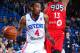 NEWARK, DE - JANUARY 15: Jordan McRae #4 of the Delaware 87ers drives to the basket against the Toronto Raptors 905 on January 15, 2016 at Bob Carpenter Center in Newark, Delaware. NOTE TO USER: User expressly acknowledges and agrees that, by downloading and or using this Photograph, user is consenting to the terms and conditions of the Getty Images License Agreement. Mandatory Copyright Notice: Copyright 2015 NBAE (Photo by Ned Dishman/NBAE via Getty Images)