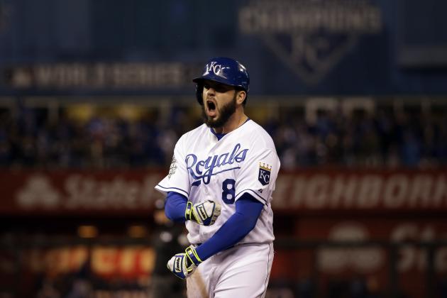 Kansas City Royals' Mike Moustakas reacts after hitting an RBI single during the fifth inning of Game 2 of the Major League Baseball World Series against the New York Mets Wednesday, Oct. 28, 2015, in Kansas City, Mo. (AP Photo/David J. Phillip)
