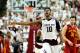 Texas A&M's Tonny Trocha-Morelos (10) reacts after making a 3-point basket against Iowa State during the second half of an NCAA college basketball game, Saturday, Jan. 30, 2016, in College Station, Texas. Texas A&M won 72-62. (AP Photo/Sam Craft)