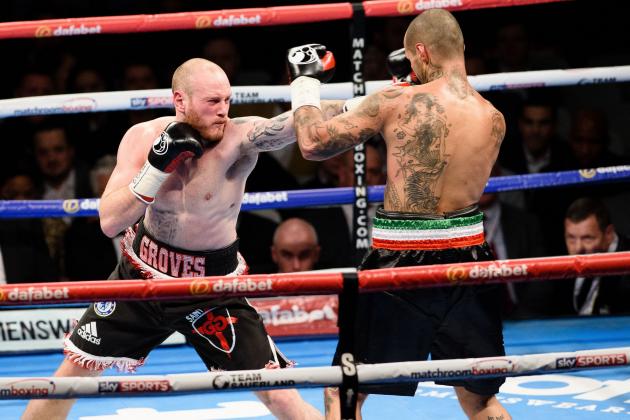 British boxer George Groves (L) vies against Italian boxer Andrea Di Luisa during their International Super-Middleweight contest in east London, England on January 30, 2016.
Groves went on to win the match. / AFP / LEON NEAL (Photo credit should read LEON NEAL/AFP/Getty Images)