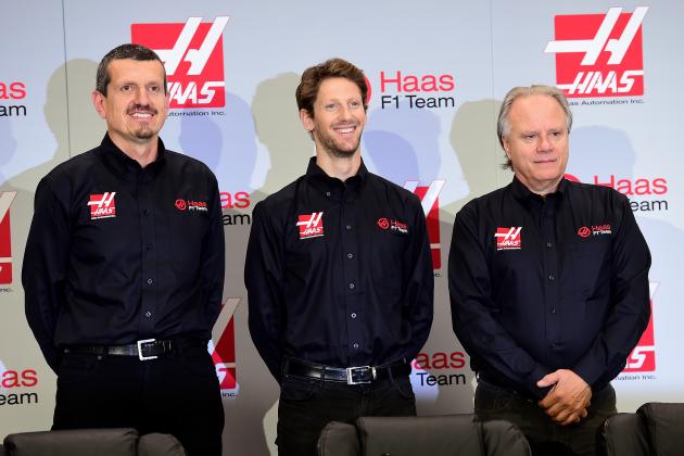 KANNAPOLIS, NC - SEPTEMBER 29: (L-R) Gunther Steiner, team principal of Haas F1 Team, Romain Grosjean of France, and Gene Haas, owner of Haas F1 Team, pose for a photo opportunity after Haas F1 Team announced Grosjean as their driver for the upcoming 2016 Formula 1 season on September 29, 2015 in Kannapolis, North Carolina. (Photo by Jared C. Tilton/Stewart-Haas Racing via Getty Images)