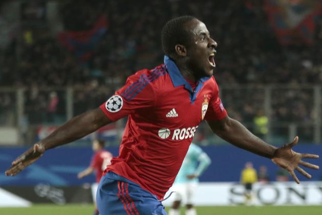 CSKA's Seydou Doumbia celebrates scoring 2-0 during a Champions League Group B soccer match between CSKA Moscow and PSV Eindhoven at the Arena Khimki stadium in Moscow, Russia, Wednesday Sept. 30, 2015. (AP Photo/Ivan Sekretarev)