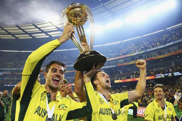 MELBOURNE, AUSTRALIA - MARCH 29:  Pat Cummins and Mitch Marsh of Australia celebrate during the 2015 ICC Cricket World Cup final match between Australia and New Zealand at Melbourne Cricket Ground on March 29, 2015 in Melbourne, Australia.  (Photo by Ryan Pierse/Getty Images)