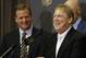 NFL Commissioner Roger Goodell, left, laughs as Oakland Raiders owner Mark Davis talks to the media after an NFL owners meeting Tuesday, Jan. 12, 2016, in Houston. The owners voted to allow the St. Louis Rams to move to a new stadium just outside Los Angeles, and the San Diego Chargers will have an option to share the facility. The Raiders, who also wanted to move to the area, could move to Los Angeles if San Diego doesn't. (AP Photo/Pat Sullivan)