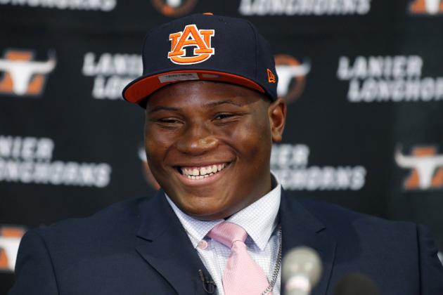 Feb 3, 2016; Buford, GA, USA; Lanier High School defensive tackle Derrick Brown commits to the Auburn Tigers at Auburn University during national signing day at Lanier High School. Mandatory Credit: Jason Getz-USA TODAY Sports