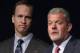 Quarterback Peyton Manning, left, listens as Indianapolis Colts owner Jim Irsay announces that the NFL football team will release quarterback Peyton Manning during a news conference in Indianapolis, Wednesday, March 7, 2012. (AP Photo/Michael Conroy)