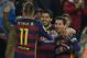 Barcelona's Uruguayan forward Luis Suarez (C) celebrates with Barcelona's Brazilian forward Neymar (L) and Barcelona's Argentinian forward Lionel Messi after scoring a goal during the Spanish Copa del Rey (King's Cup) semmi-finals first leg football match FC Barcelona vs Valencia CF at Camp Nou stadium in Barcelona on February 3, 2016. AFP PHOTO / LLUIS GENE / AFP / LLUIS GENE (Photo credit should read LLUIS GENE/AFP/Getty Images)