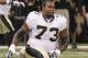 New Orleans Saints guard Jahri Evans (73) before an NFL football game at the Louisiana Superdome in New Orleans, Sunday, Oct. 24, 2010. (AP Photo/Bill Haber)