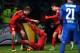 Bayern Munich's Spanish midfielder Thiago Alcantara (C) celebrates scoring with Bayern Munich's midfielder Thomas Mueller (L) during the German Cup (DFB Pokal) quarter final football match Vfl Bochum v Bayern Munich on February 10, 2016 in Bochum, western Germany. / AFP / PATRIK STOLLARZ / RESTRICTIONS: ACCORDING TO DFB RULES IMAGE SEQUENCES TO SIMULATE VIDEO IS NOT ALLOWED DURING MATCH TIME. MOBILE (MMS) USE IS NOT ALLOWED DURING AND FOR FURTHER TWO HOURS AFTER THE MATCH.
== RESTRICTED TO EDITORIAL USE ==
FOR MORE INFORMATION CONTACT DFB DIRECTLY AT +49 69 67880
/ (Photo credit should read PATRIK STOLLARZ/AFP/Getty Images)