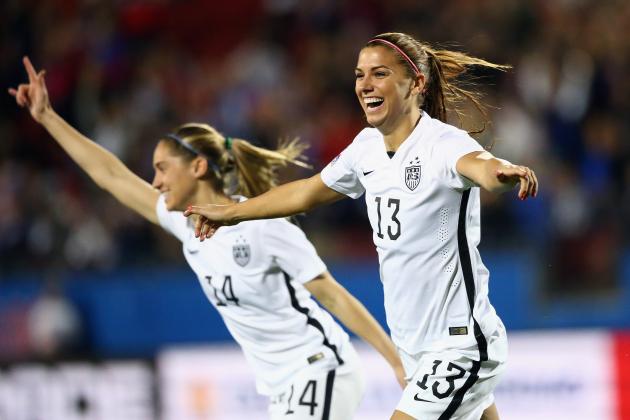 FRISCO, TX - FEBRUARY 10:  Alex Morgan #13 of USA celebrates her goal in the first minute of play against Puerto Rico during 2016 CONCACAF Women's Olympic Qualifying at Toyota Stadium on February 10, 2016 in Frisco, Texas.  (Photo by Ronald Martinez/Getty Images)