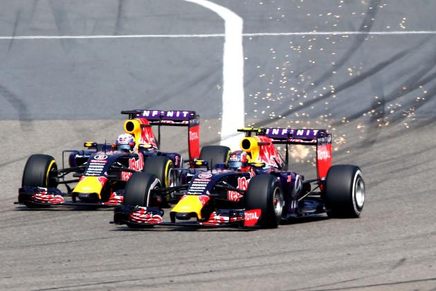 SHANGHAI, CHINA - APRIL 12: Teammates Daniel Ricciardo of Australia and Infiniti Red Bull Racing and Daniil Kvyat of Russia and Infiniti Red Bull Racing compete going into turn one during the Formula One Grand Prix of China at Shanghai International Circuit on April 12, 2015 in Shanghai, China. (Photo by Mark Thompson/Getty Images)