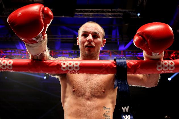 LONDON, ENGLAND - DECEMBER 14:  Kevin Mitchell celebrates his victory over Karim El Ouazghari during their IBF Inter Continental Lightweight Title bout at ExCel on December 14, 2013 in London, England.  (Photo by Scott Heavey/Getty Images)