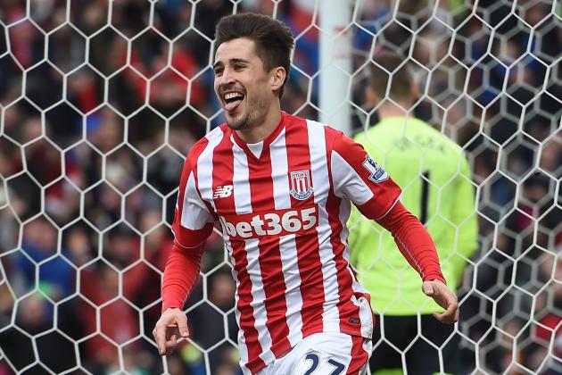 Stoke City's Spanish striker Bojan Krkic celebrates after scoring the opening goal of the English Premier League football match between Stoke City and Manchester United at the Britannia Stadium in Stoke-on-Trent, central England on December 26, 2015.  / AFP / PAUL ELLIS        (Photo credit should read PAUL ELLIS/AFP/Getty Images)