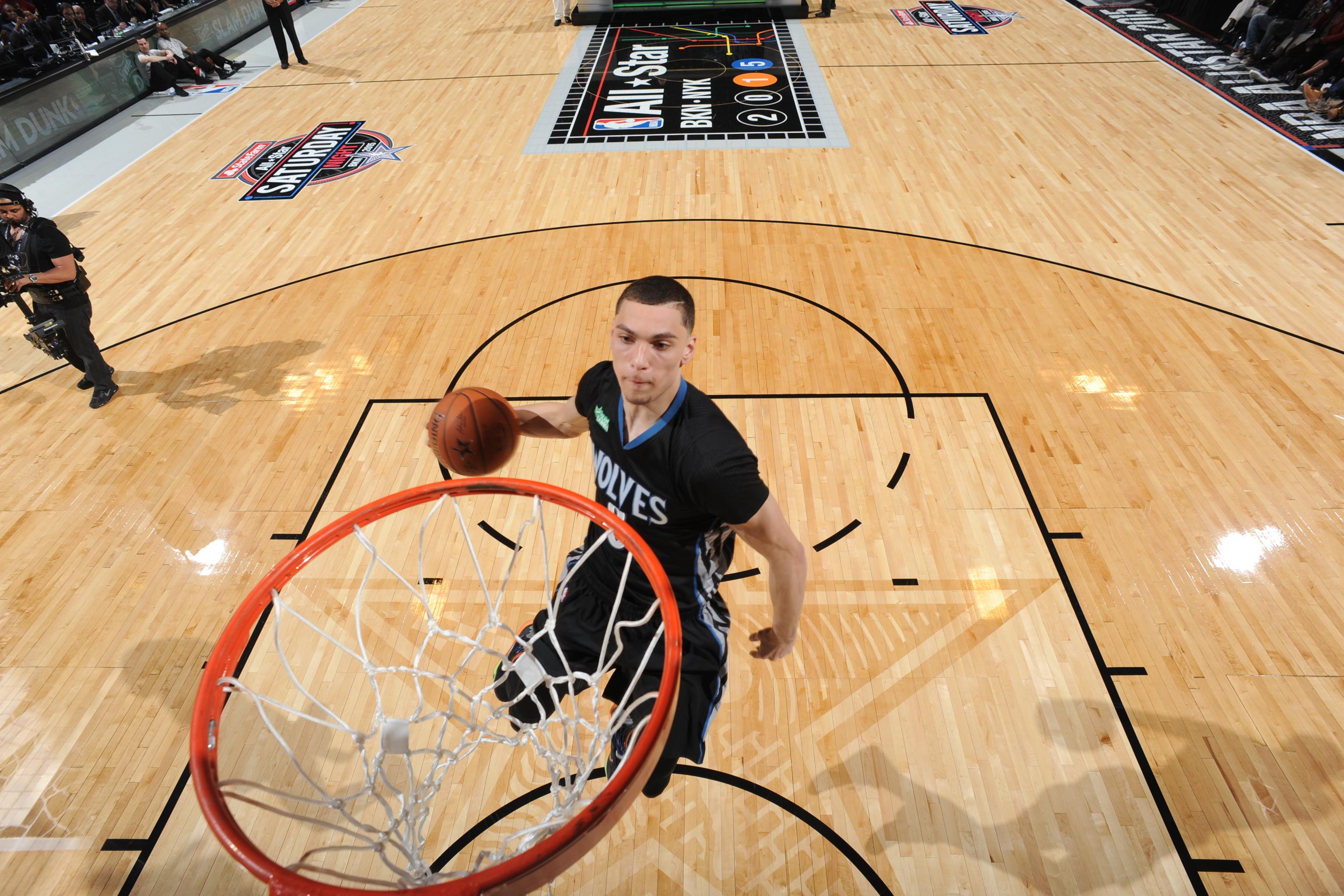 Orlando Magic forward Aaron Gordon reacts after a successful dunk over the  Magic mascot during the dunk contest during the NBA All Star Saturday Night  at Air Canada Centre.