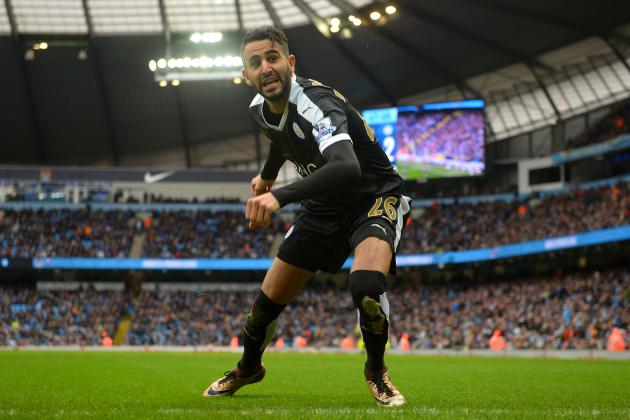 MANCHESTER, ENGLAND - FEBRUARY 06: Riyad Mahrez of Leicester City celebrates scoring his team's second goal during the Barclays Premier League match between Manchester City and Leicester City at the Etihad Stadium on February 6, 2016 in Manchester, England. (Photo by Michael Regan/Getty Images)