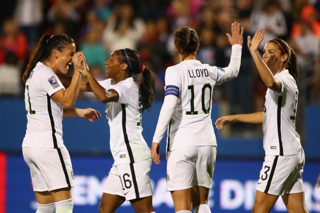 FRISCO, TX - FEBRUARY 10:  Crystal Dunn #16 of USA celebrates her goal with Ali Krieger #11, Carli Lloyd #10 and Alex Morgan #13 against Costa Rica during 2016 CONCACAF Women's Olympic Qualifying at Toyota Stadium on February 10, 2016 in Frisco, Texas.  (Photo by Ronald Martinez/Getty Images)