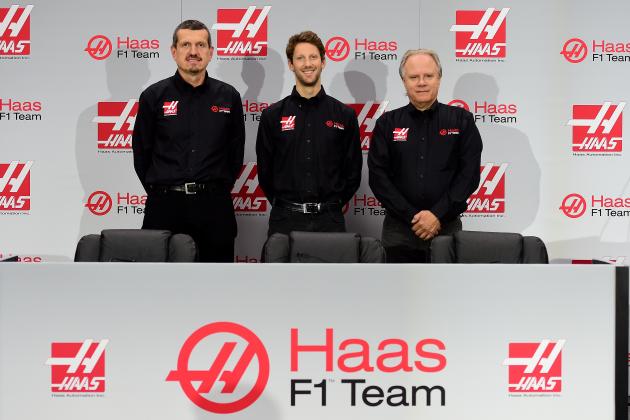 KANNAPOLIS, NC - SEPTEMBER 29: (L-R) Gunther Steiner, team principal of Haas F1 Team, Romain Grosjean of France, and Gene Haas, owner of Haas F1 Team, pose for a photo opportunity after Haas F1 Team announced Grosjean as their driver for the upcoming 2016 Formula 1 season on September 29, 2015 in Kannapolis, North Carolina. (Photo by Jared C. Tilton/Stewart-Haas Racing via Getty Images)