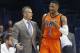 Oklahoma City Thunder head coach Billy Donovan, left, talks with Russell Westbrook in the second half of an NBA basketball game against the Denver Nuggets in Oklahoma City, Sunday, Nov. 1, 2015. Oklahoma City won 117-93. (AP Photo/Sue Ogrocki)