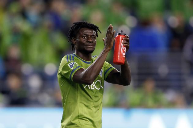 Sep 5, 2015; Seattle, WA, USA; Seattle Sounders FC forward Obafemi Martins (9) claps toward the crowd after the Sounders beat Toronto FC 2-1 at CenturyLink Field. Mandatory Credit: Jennifer Buchanan-USA TODAY Sports
