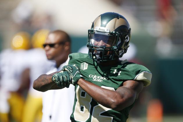Colorado State Rams wide receiver Rashard Higgins (82) warms up before the first quarter of an NCAA college football game Saturday, Sept. 12, 2015, in Fort Collins, Colo. (AP Photo/David Zalubowski)