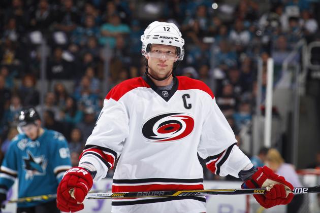 SAN JOSE, CA - OCTOBER 24: Eric Staal #12 of the Carolina Hurricanes looks on during the game against the San Jose Sharks at SAP Center on October 24, 2015 in San Jose, California. (Photo by Rocky W. Widner/NHL/Getty Images)