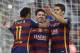 Barcelona's Argentinian forward Lionel Messi (C) celebrates a goal with teammates Barcelona's Brazilian forward Neymar (L) and Barcelona's Uruguayan forward Luis Suarez (R) during the Spanish league football match FC Barcelona vs Granada CF at the Camp Nou stadium in Barcelona on January 9, 2016. AFP PHOTO / LLUIS GENE / AFP / LLUIS GENE (Photo credit should read LLUIS GENE/AFP/Getty Images)