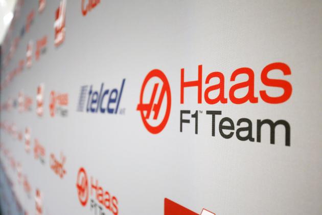 MEXICO CITY, MEXICO - OCTOBER 30: Haas F1 Team logos during the press conference for their driver announcement on October 30, 2015 in Mexico City, Mexico. (Photo by Andrew Hone/Getty Images for Haas)