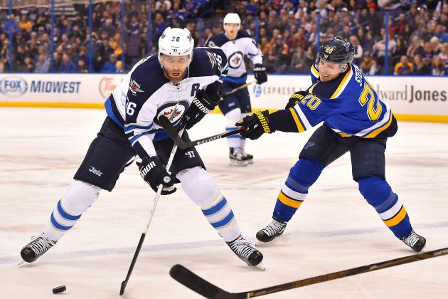 Feb 9, 2016; St. Louis, MO, USA; St. Louis Blues left wing Alexander Steen (20) pressures Winnipeg Jets right wing Blake Wheeler (26) during the first period at Scottrade Center. Mandatory Credit: Jasen Vinlove-USA TODAY Sports