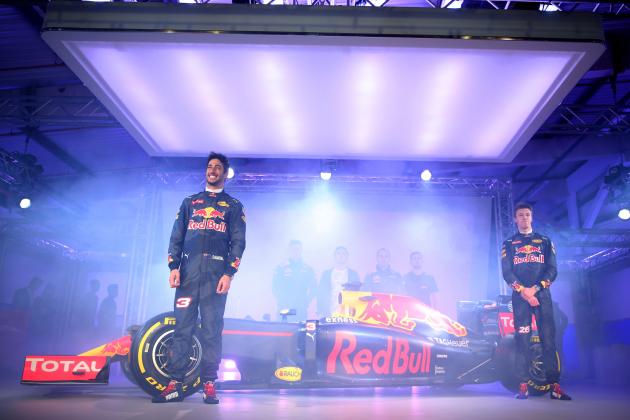 LONDON, ENGLAND - FEBRUARY 17:  Daniel Ricciardo of Australia and Red Bull Racing and Daniil Kvyat of Russia and Red Bull Racing pose on stage next to the RB11 featuring the 2016 livery during the launch event for PUMA and Red Bull Racing's 2016 Livery and Teamwear at Old Truman Brewery on February 17, 2016 in London, England.  (Photo by Mark Thompson/Getty Images)