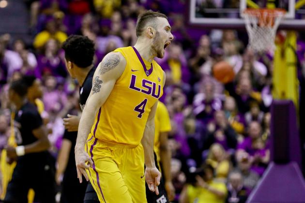 Feb 13, 2016; Baton Rouge, LA, USA; LSU Tigers guard Keith Hornsby (4) reacts after hitting a three point basket against the Texas A&M Aggies during the second half of a game at the Pete Maravich Assembly Center. LSU defeated Texas A&M 76-71. Mandatory Credit: Derick E. Hingle-USA TODAY Sports