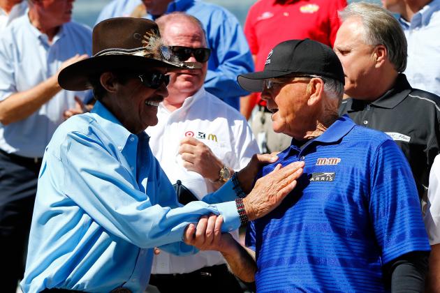 DAYTONA BEACH, FL - FEBRUARY 21: Team owners Richard Petty and Joe Gibbs speak prior to the NASCAR Sprint Cup Series DAYTONA 500 at Daytona International Speedway on February 21, 2016 in Daytona Beach, Florida.  (Photo by Jonathan Ferrey/Getty Images)